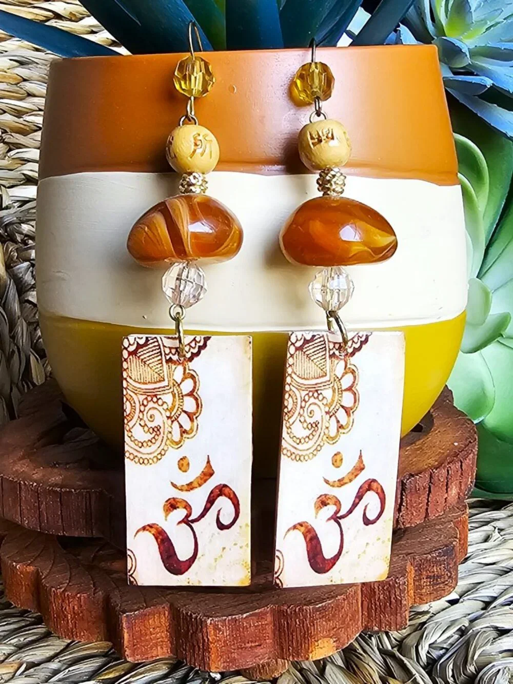 Artisan Hand Crafted Om Aum Symbol Earrings Amber Tan Brown Beaded Yoga Zen